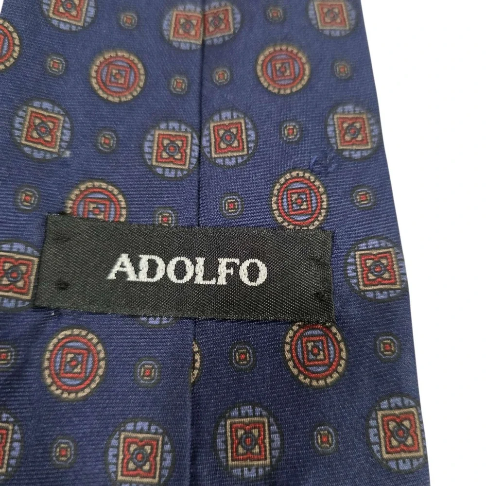 ADOLFO Silk Geometric Pattern Necktie Navy Blue Made in‎ Italy Luxury Accessory